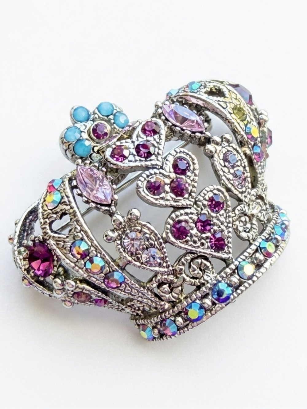 Vintage RegalCrown Brooch – Sparkling Pink, Purple & AB Crystal Embellishments.